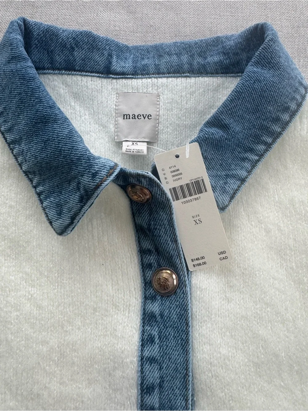 Maeve (Anthropology) White Crewneck Sweater with Denim Collar Size XS